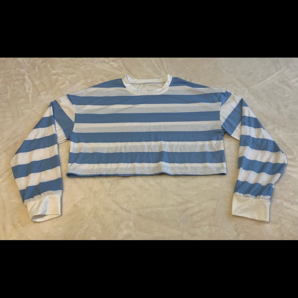 Blue & White Striped Long Sleeve Crop Top